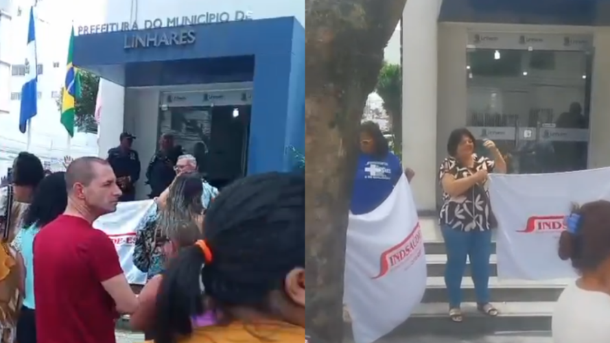 Agentes de saúde e de endemias protestam em frente à prefeitura de Linhares