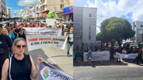 Protesto de servidores em Linhares contra o prefeito Lucas Scaramussa (Podemos)